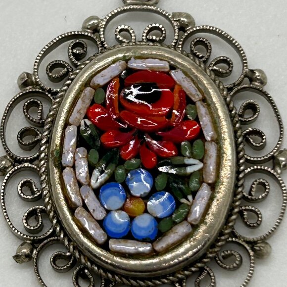 Vintage Italian Micro Mosaic Oval Pendant With Filigree Detailing Floral Design - Picture 13 of 14
